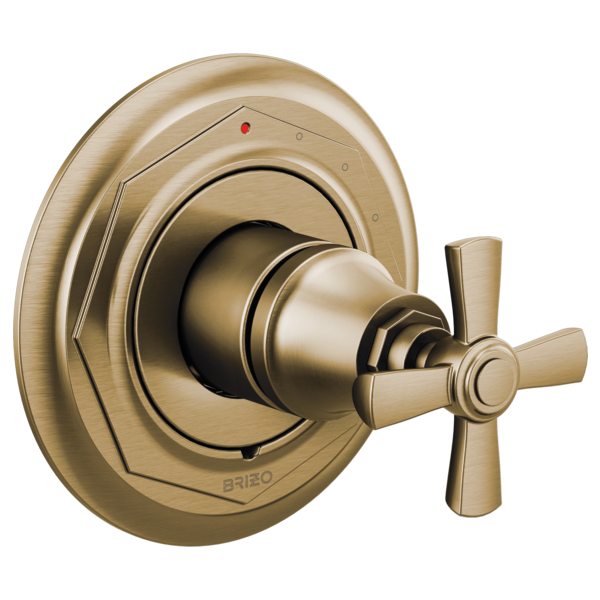 Champagne bronze pressure balance valve trim with round escutcheon plate and cross-shaped handle.