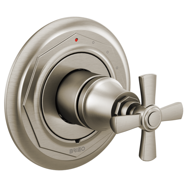 Brushed nickel pressure balance valve trim with cross handle and circular escutcheon plate.