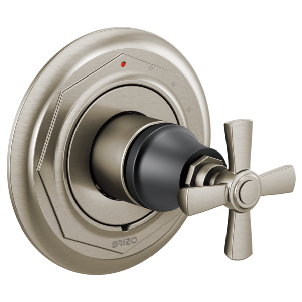 Brushed nickel shower valve trim with cross handle and round escutcheon plate.