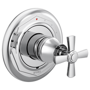 Chrome pressure balance valve trim with cross handle and circular escutcheon plate for shower installation.