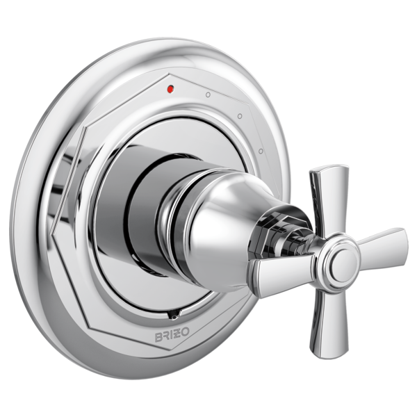 Chrome pressure balance valve trim with cross handle and circular escutcheon plate for shower installation.