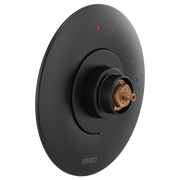 Brizo Odin pressure balance valve trim with matte black oval escutcheon and brass valve body, without handle.