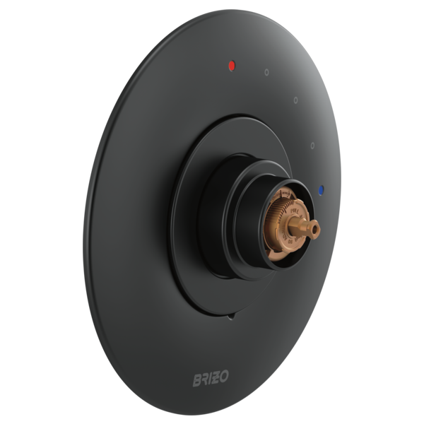 Brizo Odin pressure balance valve trim with matte black oval escutcheon and brass valve body, without handle.