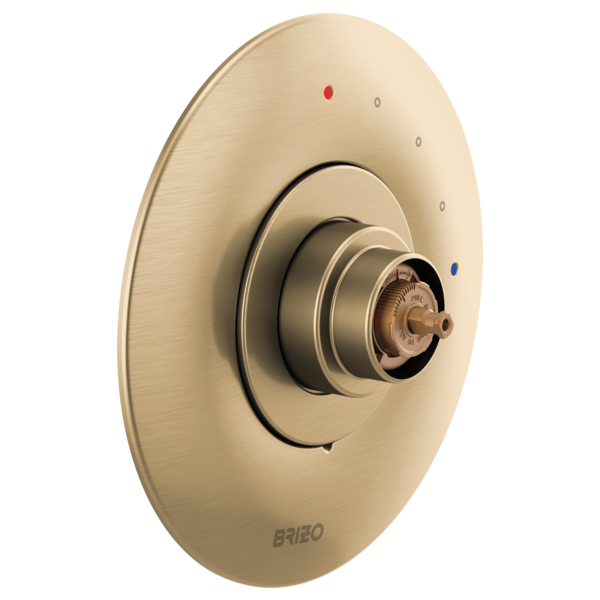 Brizo Odin pressure balance valve trim with concentric rings and temperature indicator dots on champagne bronze escutcheon pl