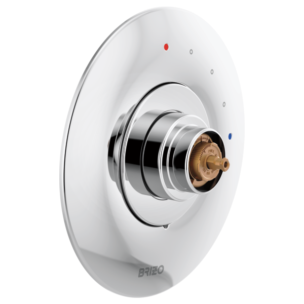 Brizo Odin pressure balance valve trim with white escutcheon, chrome rings, brass valve body, and red and blue indicator dots