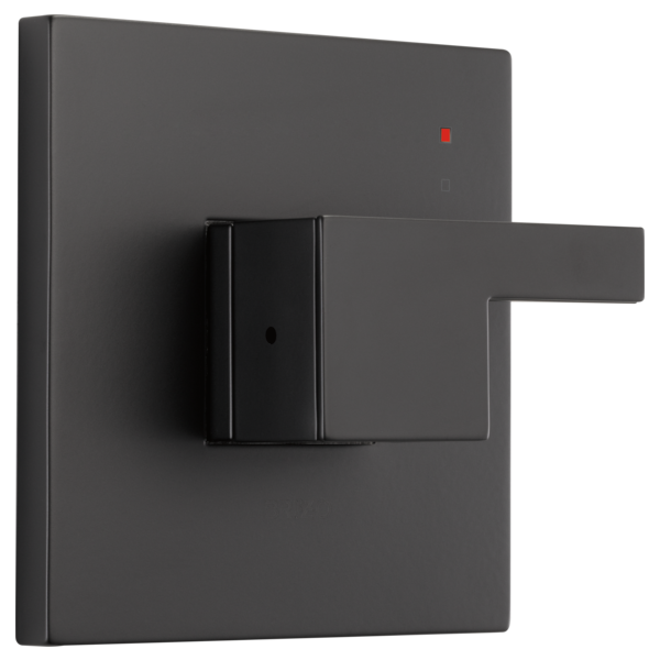 Matte black square valve trim with single lever handle and red indicator dot on mounting plate.