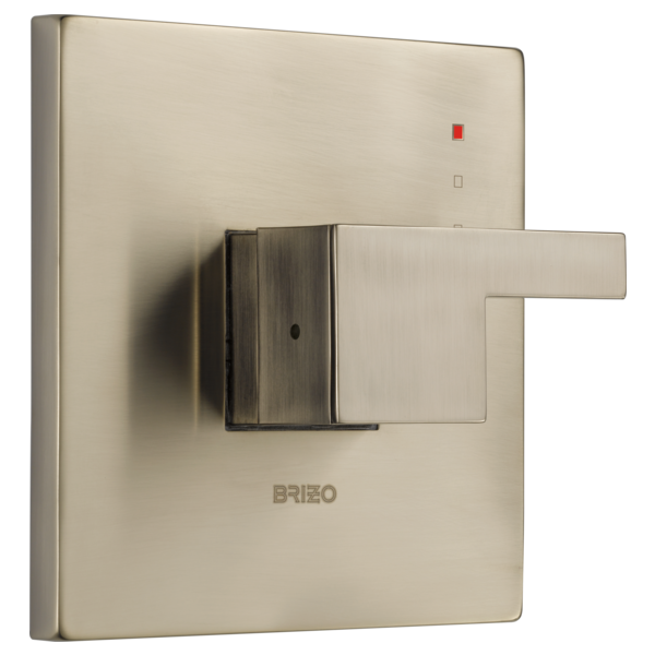 Brizo Siderna pressure balance valve trim with square escutcheon plate and lever handle in brushed nickel finish.