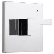 Brizo Siderna pressure balance valve trim with white and black finish, lever handle, and red indicator button.