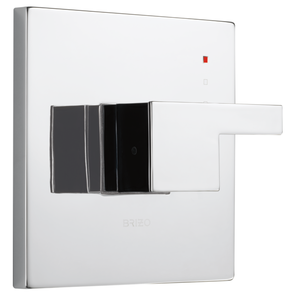 Brizo Siderna pressure balance valve trim with white and black finish, lever handle, and red indicator button.