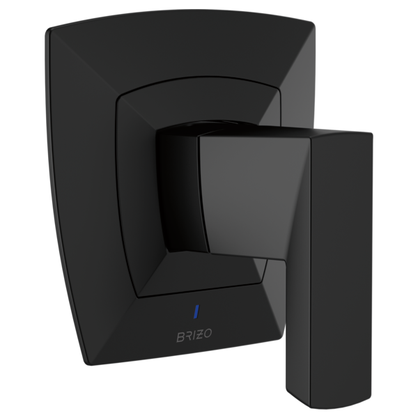 Brizo Vettis matte black pressure balance valve trim with curved square escutcheon and lever handle.
