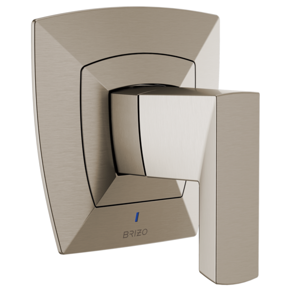 Brushed nickel pressure balance valve trim with square escutcheon plate and lever handle.