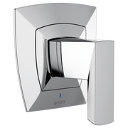Chrome pressure balance valve trim with square escutcheon plate and cylindrical handle lever.