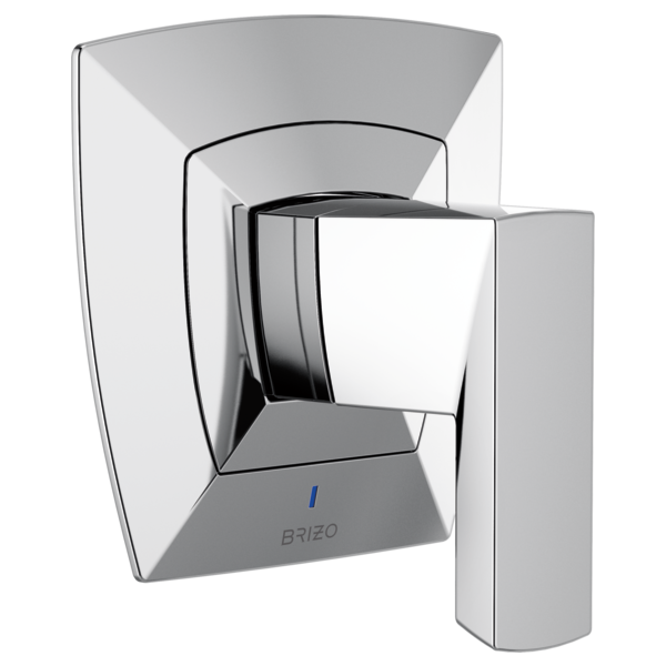 Chrome pressure balance valve trim with square escutcheon plate and cylindrical handle lever.