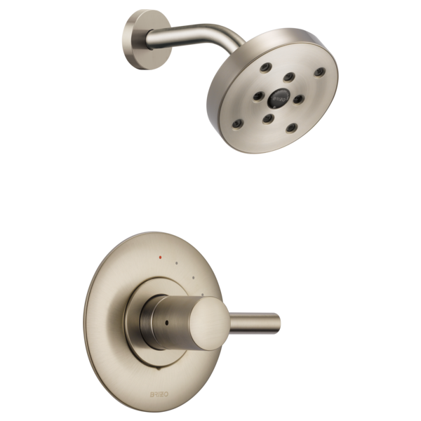 Brushed nickel shower valve with round showerhead and curved arm; round trim plate with single lever handle.