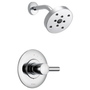 Chrome pressure balance shower valve with round showerhead and wall-mounted control handle.