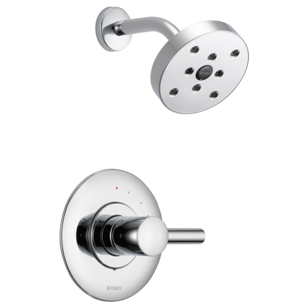 Chrome pressure balance shower valve with round showerhead and wall-mounted control handle.