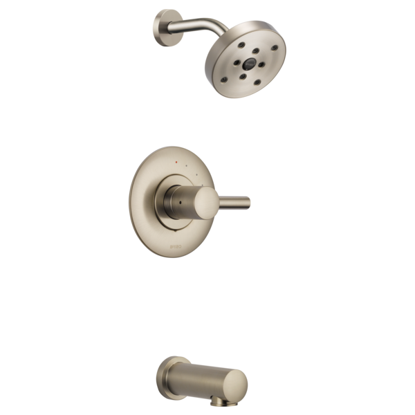 Brushed nickel tub and shower valve set with round showerhead, control handle, and tub spout.
