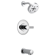 Chrome pressure balance tub and shower system with round showerhead, valve trim, and tub spout.