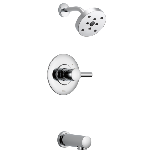 Chrome pressure balance tub and shower system with round showerhead, valve trim, and tub spout.
