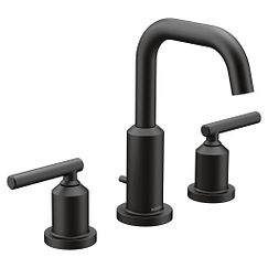 Matte black two-handle bathroom faucet with arched spout and cylindrical handles on circular bases.
