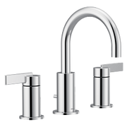 Chrome two-handle bathroom faucet with curved spout and lever handles on white background.