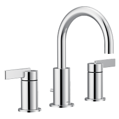 Chrome two-handle bathroom faucet with curved spout and lever handles on white background.