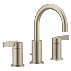 Brushed nickel three-piece bathroom faucet with arched spout and two lever handles.