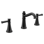 Matte black two-handle bathroom faucet with high arc spout and lever handles.