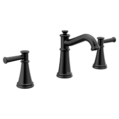 Matte black two-handle bathroom faucet with high arc spout and lever handles.