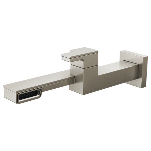 Brushed nickel wall-mounted lavatory faucet with single handle and extended spout in geometric architectural style.