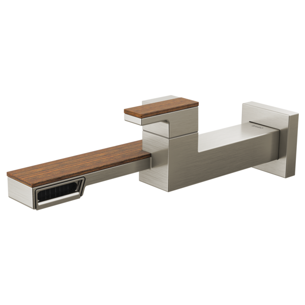 Wall-mount lavatory faucet with single handle, brushed nickel body, and wood-grain accents on spout and lever.