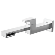 Chrome and white wall-mounted lavatory faucet with single handle and rectangular geometric design.