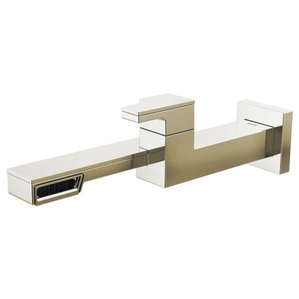 Wall-mount lavatory faucet with single lever handle, brass and white finish, horizontal spout design.
