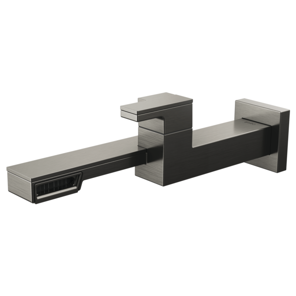 Matte black single-handle wall-mounted faucet with rectangular spout and geometric design elements.