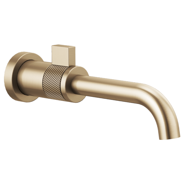Brushed gold wall-mount faucet with single handle, textured grip collar, and curved spout.