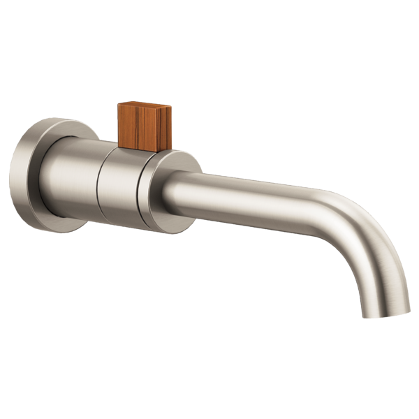 Brushed nickel wall-mount faucet with single wood-grain handle and curved spout.
