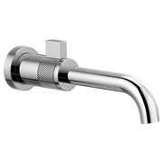 Chrome wall-mounted faucet with single handle, textured grip band, and curved spout.