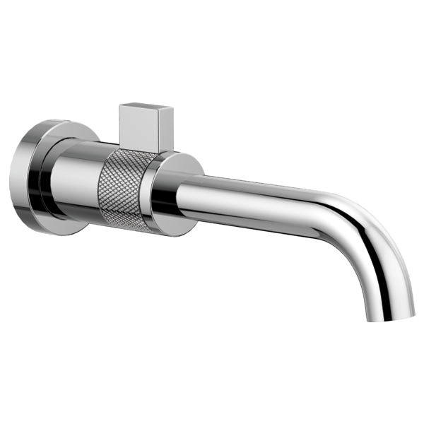 Chrome wall-mounted faucet with single handle, textured grip band, and curved spout.
