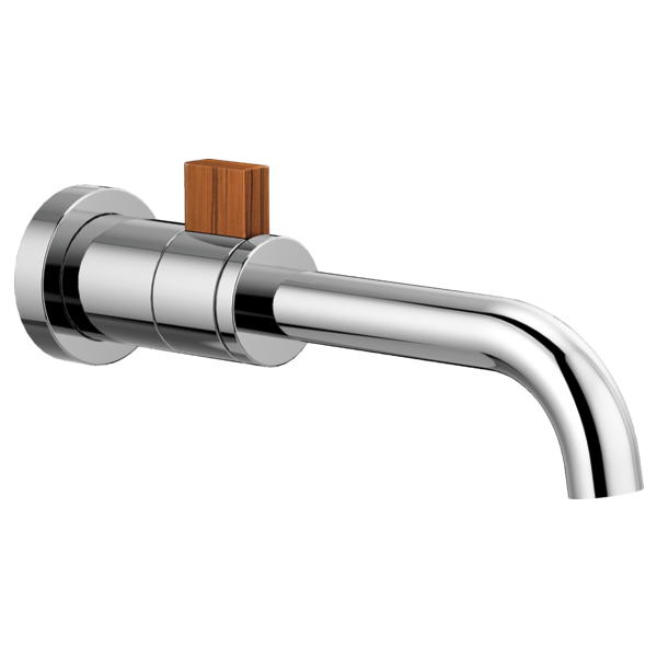 Chrome wall-mounted lavatory faucet with single cylindrical handle and curved spout extending right.