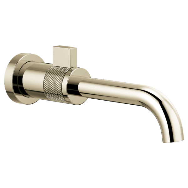 Chrome wall-mounted faucet with single handle, textured grip ring, and curved spout extending to the right.