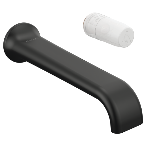 Matte black wall-mount lavatory faucet spout with cylindrical handle cartridge shown separately.