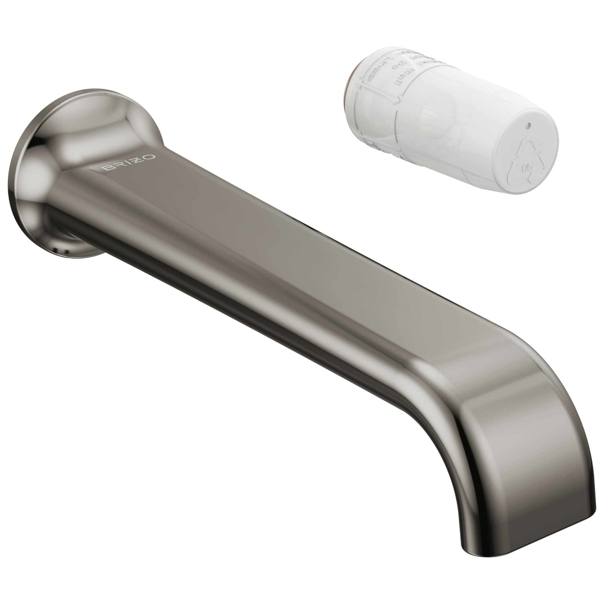Brushed nickel wall-mount lavatory faucet spout with separate white handle cartridge shown.