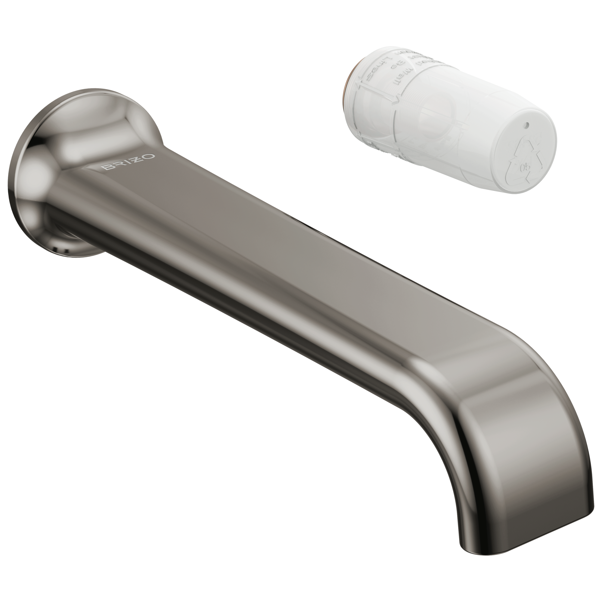 Brushed nickel wall-mount lavatory faucet spout with separate white handle cartridge shown.