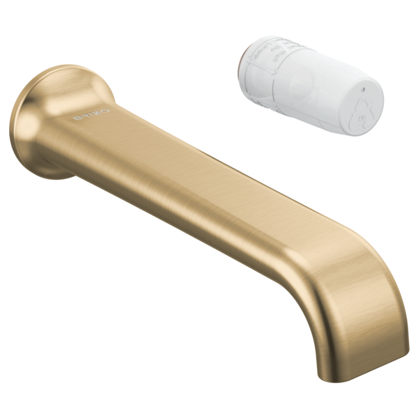 Brushed gold curved wall-mount lavatory faucet spout with white cartridge component shown separately.