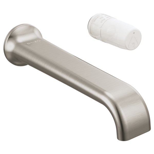 Brushed nickel wall-mounted faucet spout with separate white handle cartridge shown separately.
