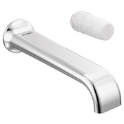 Brizo Allaria chrome wall-mount lavatory faucet spout with separate cartridge valve, no handle included.