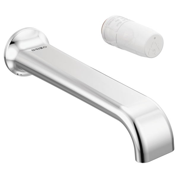 Brizo Allaria chrome wall-mount lavatory faucet spout with separate cartridge valve, no handle included.