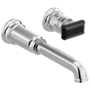 Chrome wall-mount lavatory faucet with curved spout and black rectangular handle.