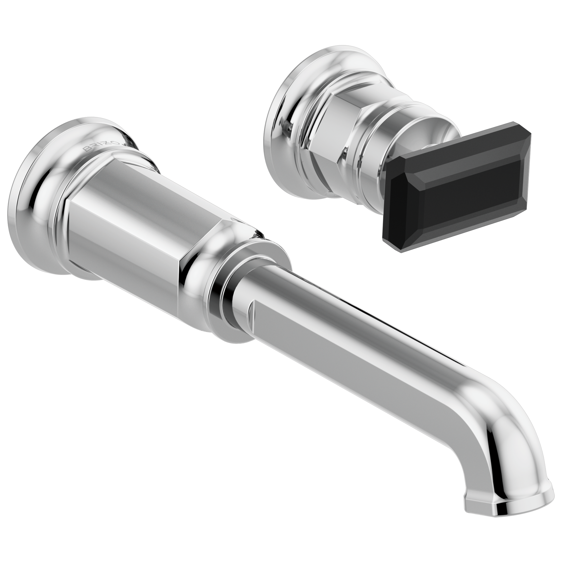 Chrome wall-mount lavatory faucet with curved spout and black rectangular handle.