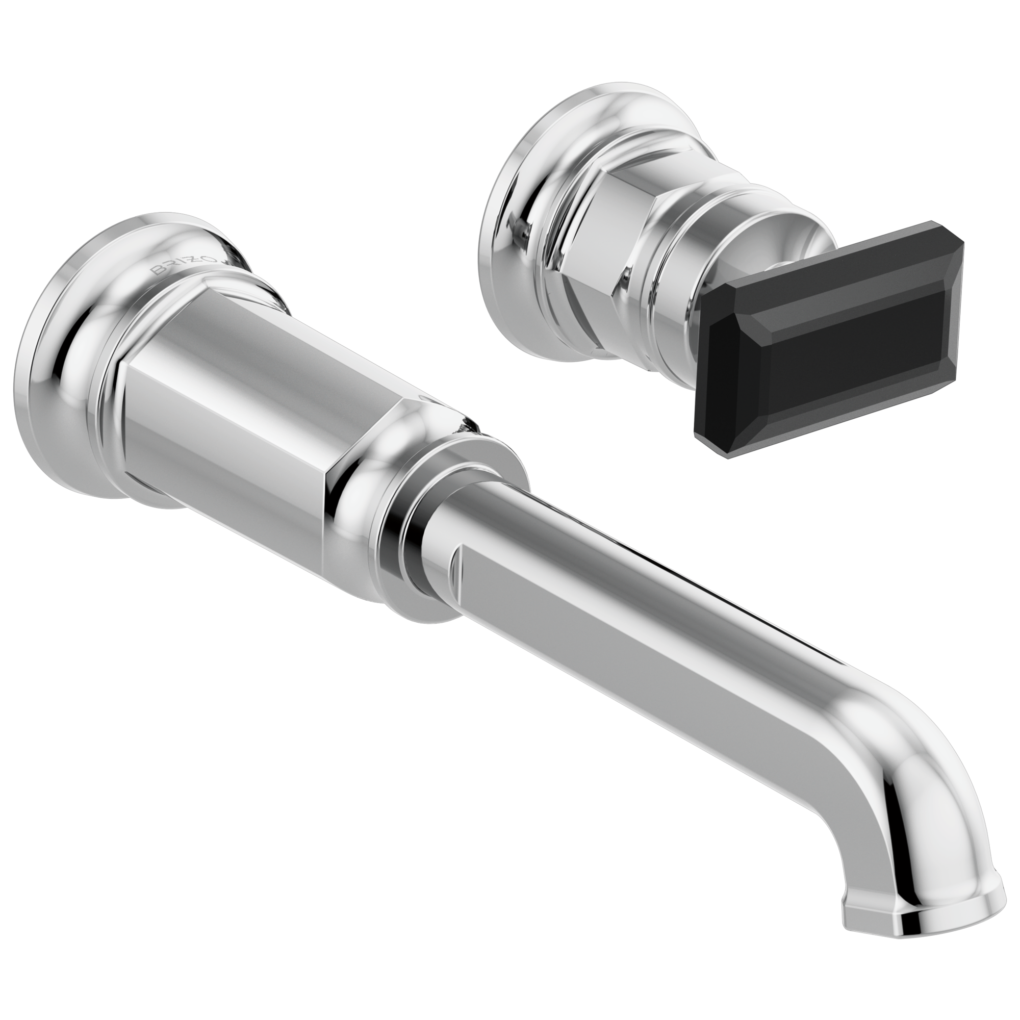 Chrome wall-mount lavatory faucet with curved spout and black rectangular handle.